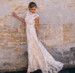 Vintage Champagne Lace Bohemian Wedding Dresses backless crew A Line Cap Sleeve Backless Bow Sash Wedding Bridal Gown Vestidos de Novia 2020
