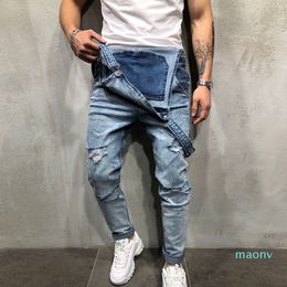 Wholesale-Fashion Mens Ripped Jeans Jumpsuits Street Distressed Hole Denim Bib Overalls for Man Suspender Pants Size M-XXL
