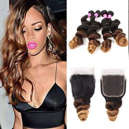 Ombre Brazilian Virgin Hair Bundles with Closure Loose Wave #1B/4/30 Human Hair 3 Bundles with 4*4 Lace Closure for black women