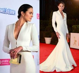 White Mermaid Prom Dresses Deep V Neck Long Sleeve Satin Evening Gowns Sweep Train Party Dress