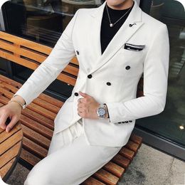 New Fashion Double Breasted Ivory Groom Tuxedos Peak Lapel Men Suits Wedding/Prom/Dinner Best Man Blazer (Jacket+Pants+Tie) W356
