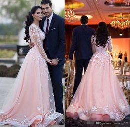 Blush Pink A Line Wedding Dresses Long Illusion Sleeves Lace Applique Sweep Train Tulle Sweep Train Wedding Bridal Gown vestido de novia