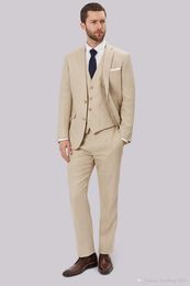 High Quality Two Buttons Beige Groom Tuxedos Notch Lapel Groomsmen Best Man Mens Wedding Suits (Jacket+Pants+Vest+Tie) D:190