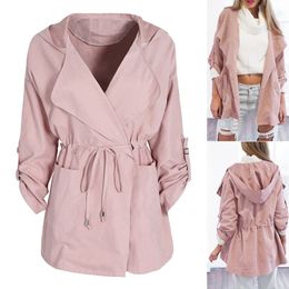 ZOGAA Women's Fashion Pure Colour Cardigan Hooded Coat Lightweight Thin Belt Lady Pink Overcoat Casual Waist Trench Coats Ladies