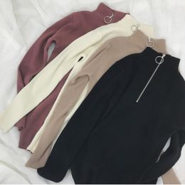 Korean Knitted Turtleneck Sweater Women 2019 Autumn Winter Zipper Up Solid Colour Slim Knitting Pullovers Big Size Pull Femme T200101