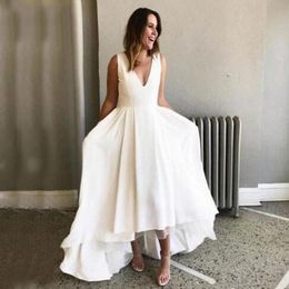 Simple High Low Prom Dresses Deep V Neck Sleeveless Ivory Cheap High Quality Evening Gowns Formal Party Wear