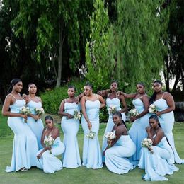 Light Sky Blue Mermaid Bridesmaid Dresses Spaghetti Appliques Garden Country African Wedding Guest Party Gowns Maid Of Honour Dress B80