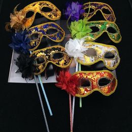 On Sale Party Masks Gold Cloth Coated Flower Side Venetian Masquerade Party Mask On Stick Carnival Halloween Mask Mix Colour SN516