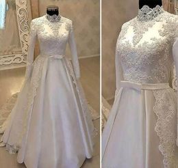 satin wedding dress with belt UK - Vintage High Neck Muslim Wedding Dresses 2019 With Long Sleeves Lace Overskirts Satin Country robes de mariée Bridal Gowns With Belt