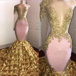 Pink And Gold Mermaid Prom Dresses Sexy One Shoulder Sheer Long Sleeves Evening Gowns 3D Rose Sweep Train Cocktail Formal Party Dress