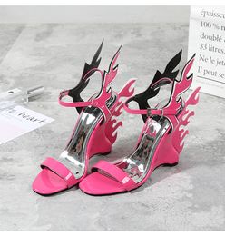 Hot Sale-dal Ankle Strap wedge high heel sandal platform sexy sandals wedge with flame patent leather shoe