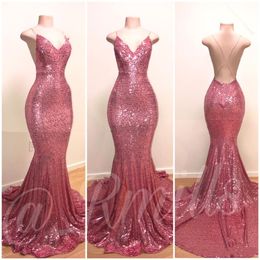 2019 Sparkly Rose Pink Sequined Prom Dresses Mermaid Deep V-Neck Spaghetti straps Criss cross Plus Size Formal Evening Gowns Pageant Wear