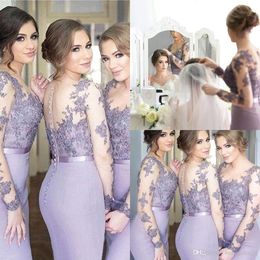 Elegant Lilac Mermaid Bridesmaid Dresses Sheer Neck Long Sleeves Sweep Train Bridesmaids Gowns With Lace Applique Illusion Back Party Dress