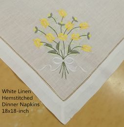 Set of 12 Fashion Dinner Napkins White Hemstitched Cotton Table Napkin with Colour Embroidered Floral Dinner Napkins 18x18-inch