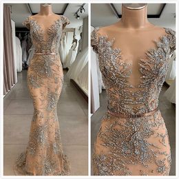 Luxurious Mermaid Champagne African Dubai Evening Sheer Neck Lace Beaded Prom Dresses Sexy Formal Party Bridesmaid Gowns