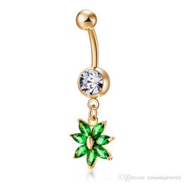 Flower Summer Body Ring 18K Yellow Gold Plated Green/White CZ Crystal Dancer Belly Ring for Grils Women P0185