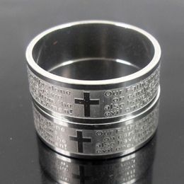 25pcs Etched Silver Mens English Lord's prayer stainless steel Cross rings Religious Rings Men's Gift Wholesale Jewelry lots FREE SHIPPING