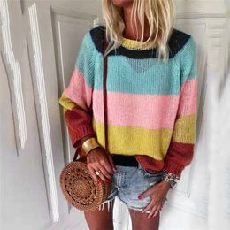 Autumn New Colorful Base Sweater Women's Fashion Casual Slim Fit Long Sleeve Stripe V-neck Knitted Sweater Tops Hot