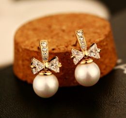 Micro-set zircon bow exquisite stud earrings jewelry women luxury brand 18k gold plated pearl temperament ladies earrings female high quality fashion jewelry