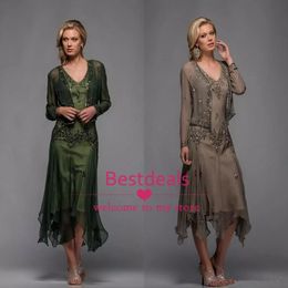 New Scala Tea Length Mother of The Bride Dresses with Appliques and Beaded V Neck A Line Evening Dresses with Free Bolero