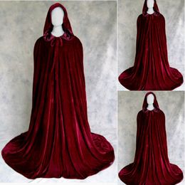 Wine Red Velvet Hooded Cloak Wedding Cape Halloween Wicca Mediaeval Robe Coat Hot Selling Custom Made