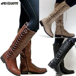 WEINUOTE Winter Womens Outdoor Riding Boots Ladies Sexy Low Heel Leather Boots Lace Up Motorcycle Over The Knee High