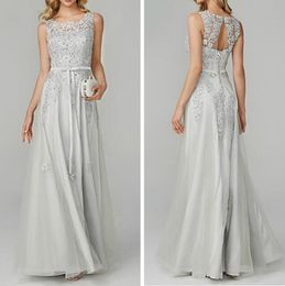 Silver Bridesmaid Dresses Bohemian Jewel Sleeveless Floor Length Long Tulle Wedding Guest Maid Of Honour Gowns With Applique and Beading