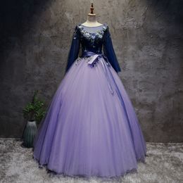 2018 New Backless Purple Long Sleeve Appliques Ball Gown Quinceanera Dresses Lace Up Sweet 16 Dresses Debutante 15 Year Party Dres241b