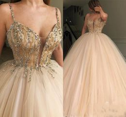 2024 New Sexy Ball Gown Quinceanera Dresses Spaghetti Straps Beaded Sequins Tulle Sleeveless Backless Floor Length Party Prom Evening Gowns 403