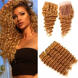 Pure 27 Honey Blonde Brazilian Deep Wave Human Hair Weave Bundles with Closure Strawberry Blonde Hair Wefts with 4x4 Lace Top Closure
