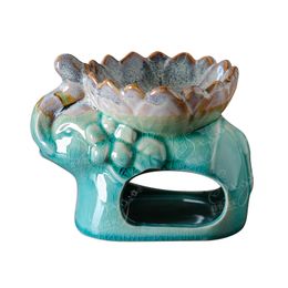 Thai Elephant Essential Oil Burner Fragrance Lamps with Lotus Flower Bowl Ice Crack Glaze Ceramic Aromatherapy Diffuser Candle Holder Five Colours