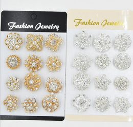 Mixed 12 style 12pcs/lot Golden silvery Crystal Flower Brooches Fashion Wedding Cake Flower Pins Girls Pretty Collar Pins Crystal Brooch