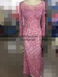 Vestidos de noite de sereia usam imagem real Fuchsia Ilusão de mangas compridas Mangas de cristal comprimento de piso formal plus size partido bail