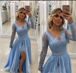 Vintage V Neck Pearls Lace Appliques Baby Blue Evening Dresses 2019 Long Sleeves With Detachable Skirt And Pearl Sash formal Prom Gowns