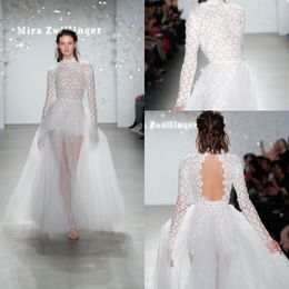 Modest Mira Zwillinger A Line Wedding Dresses High Neck Long Sleeve Sash Applique Wedding Gown Sweep Train robe de mariée