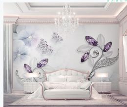 3d murals wallpaper for living room Purple crystal flower butterfly 3d stereo jewelry wallpapers TV background wall