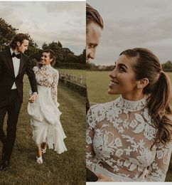 2020 Bohemian New Arrival Long Sleeve A Line Wedding Dresses Lace Satin High Neck Bridal Gowns Zipper Floor Length Wedding Gowns