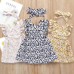 Kids Designer Clothes Girls Floral Dresses Headband 2pcs Sets Fly Sleeve Princess Dress Flower Girl Dresses Summer Kids Clothing DHW3537