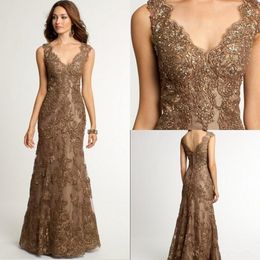 Cheap Brown Mother Of The Bride Dresses V Neck Lace Appliques Beaded Floor Length Wedding Guest Dress Plus Size Party Prom Evening Gowns