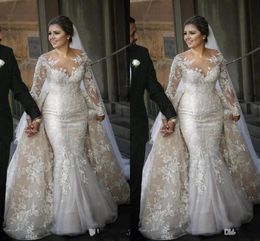 Champagne Lace Long Sleeve Mermaid Wedding Dresses 2020 Plus Size Detachable Skirt Train Tulle Wedding Gowns vestidos de novia Mulslim