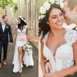 Stunning Overskirt Chiffon Spring Wedding Dresses V-Neck Lace Hollow Back Plus Size Garden Vestido de novia Formal Bridal Gown Bride Ball