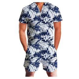 Men's Tracksuits Men Hawaii Print Zipper Romper Playsuits Short Sleeve V Neck Fit Slim Jumpsuit Male Casual Overalls