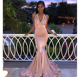 Pink Mermaid Prom Dresses African Black Girls Halter Neck Pageant Holidays Graduation Wear Formal Evening Party Gowns Plus Size