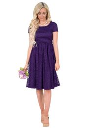 2019 Purple Lace Short Modest Bridesmaid Dresses With Short Sleeves Knee Length Summer Informal Modest Maids of Honour Dress