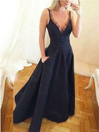 Black Satin Prom Gown Deep V Neck Evening Dress with Pockets robe de soiree Custom Made