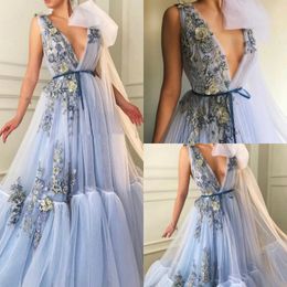 Modest A Line Evening Prom Dress Sleeveless V Neck Tulle Lace Party Dress Floor Length Applique Sequins Sash robes de soirée