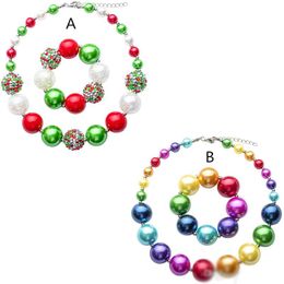 Girls chunky necklace 2pc set 20mm beaded necklace 36.5cm+bracelet Rainbow color toddlers arylic jewelry sets for Xmas party performance