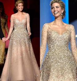 Champagne Sequined Long Sleeves Evening Dresses V Neck Beaded Prom Gowns Sweep Train A Line Tulle Red Carpet Formal Dress