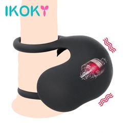 IKOKY Penis Ring Scrotal Binding Ring Delay Ejaculation Double Cock Ring 10 Speed Testicle Bondage Vibrators T200510