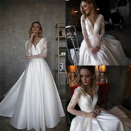 simple gorgeous aline wedding dresses vneck long sleeve satin appliqued lace garden bridal gown sweep train robes de marie cheap